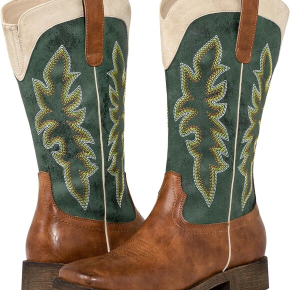 Women’s Faux Leather Cowboy Boots Wide Calf Square Toe Chunky Heel - Picture 7 of 9